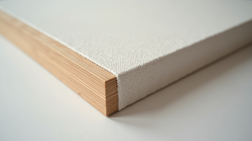 Close-up view of a stretched canvas corner showing wooden stretcher bars and tight canvas fabric