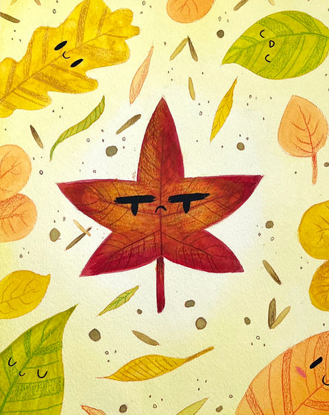 A grumpy maple leaf is in the center of the composition and is surrounded by other leaves with happy facial expressions.