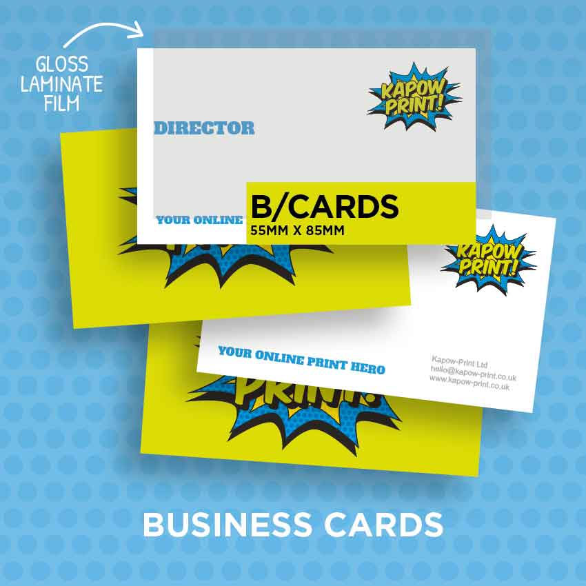 Printed business cards, printed full colour to both sides with a gloss laminate finish
