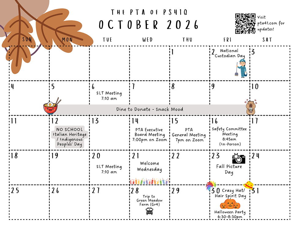 PTA Calendar- October 2026