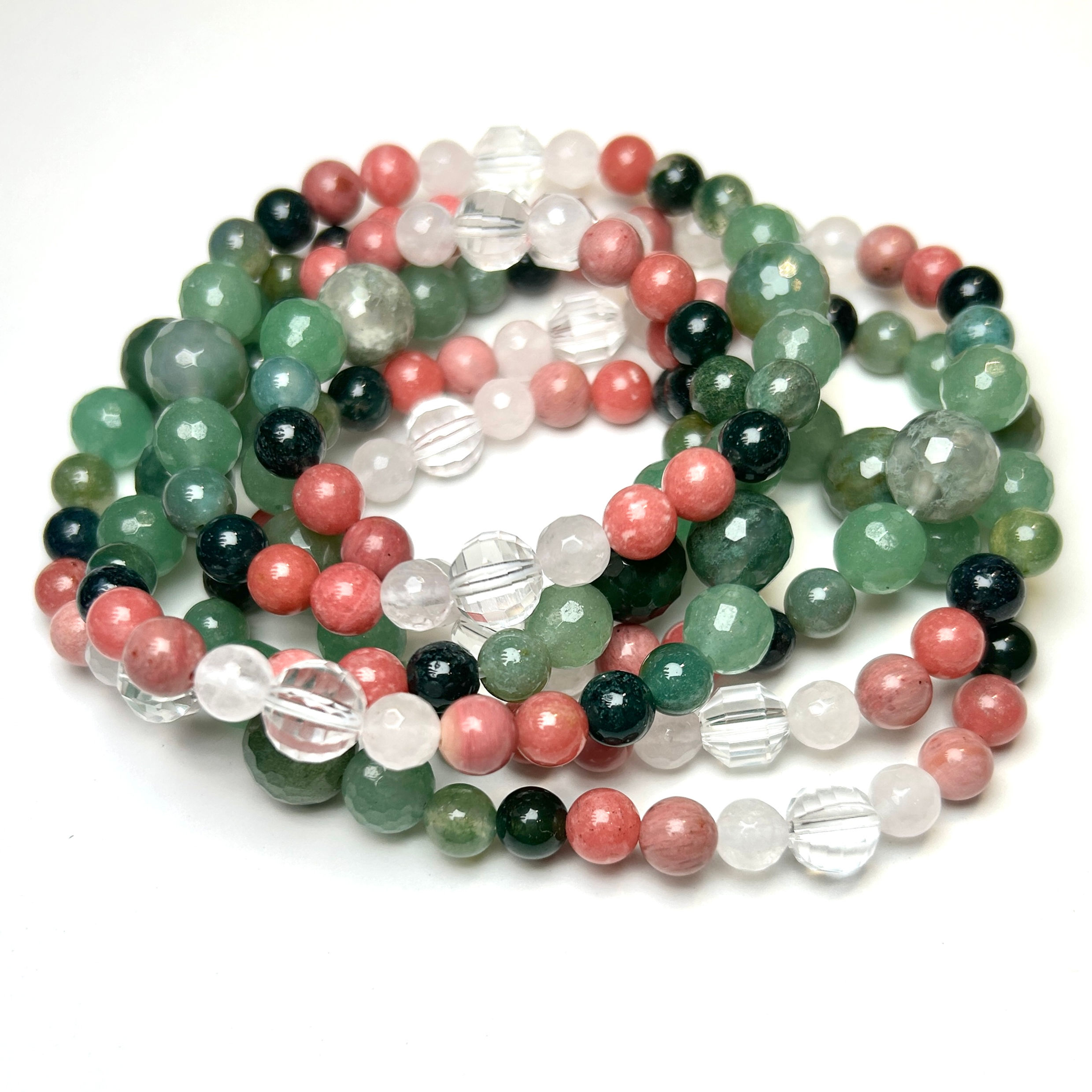 “Tulips in the Morning Dew” Watermelon Pink Green Stretch Bracelet 
