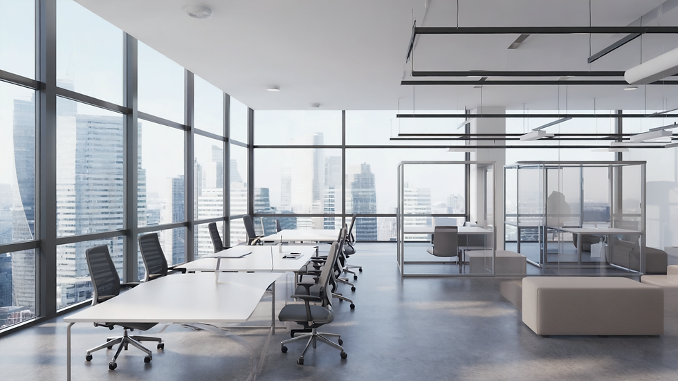 A spacious, modern office with panoramic city views, sleek desks, ergonomic chairs, collab