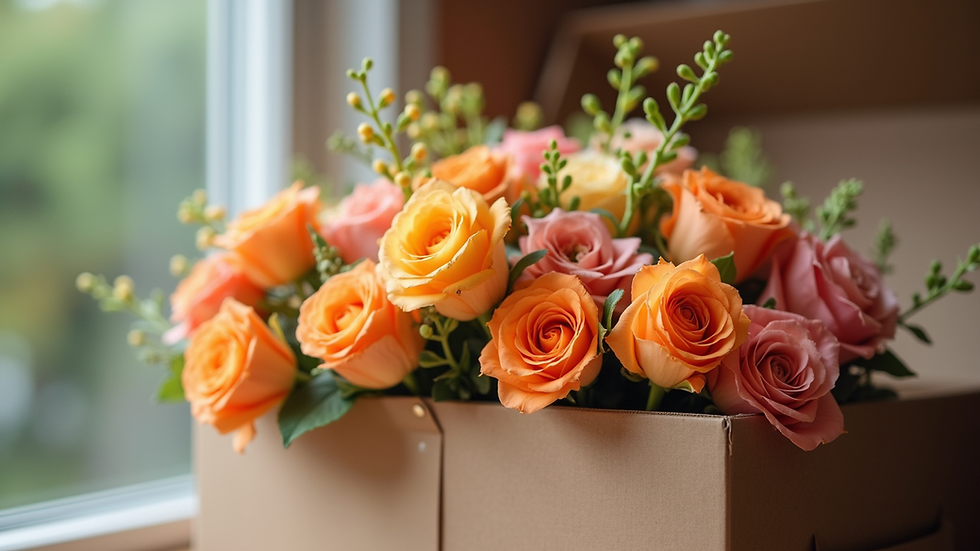 Close-up view of a flower delivery box with fresh flowers inside