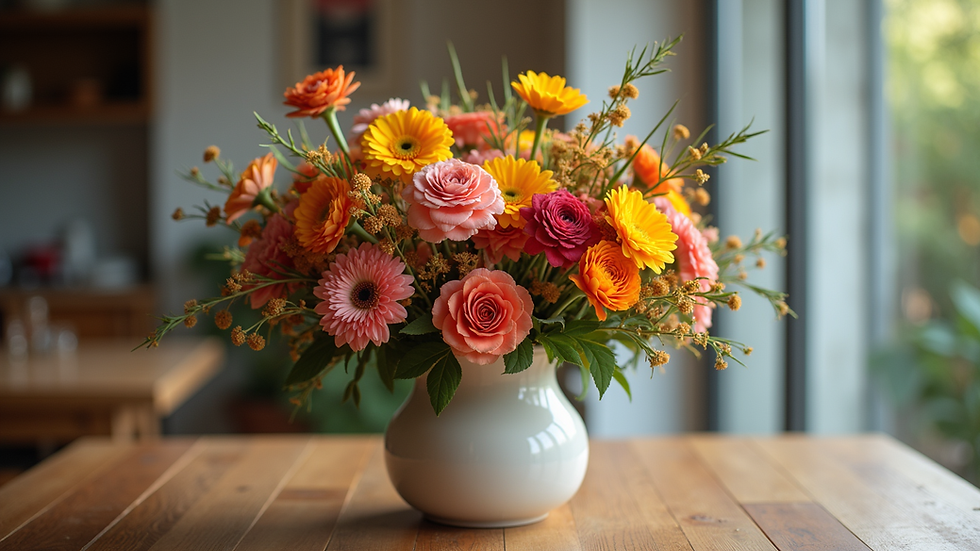 Eye-level view of a vibrant bouquet of mixed flowers on a wooden table