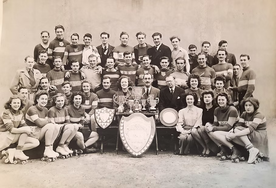 1st July 1947 - The successful Broadway club with their trophy haul - Yvonne Brod is on the bottom row, second from the right