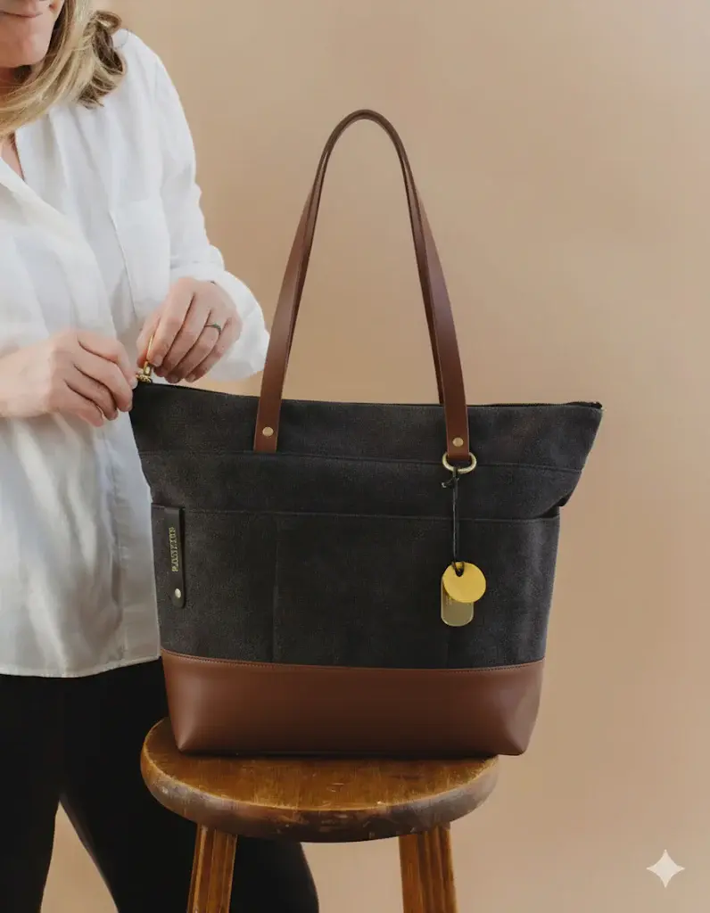 Thumbnail: R. Riveter Harriet tote bag | black washed canvas + brown leather