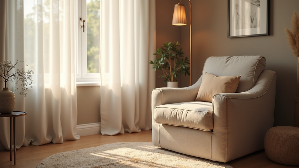 Eye-level view of a cozy therapy room with a comfortable armchair and soft lighting