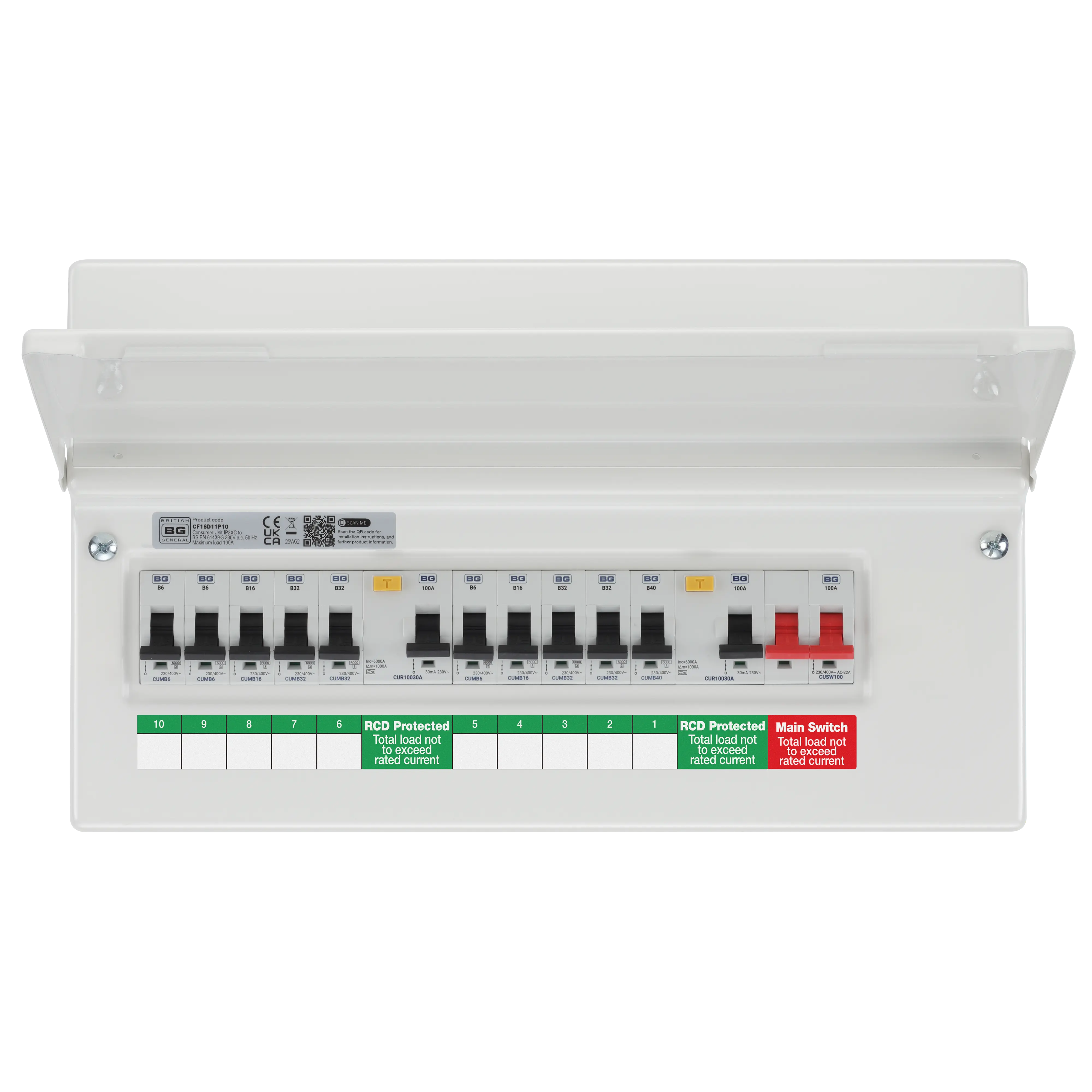 Consumer Unit 16 Module 10 Way Populated with 100A Main Switch