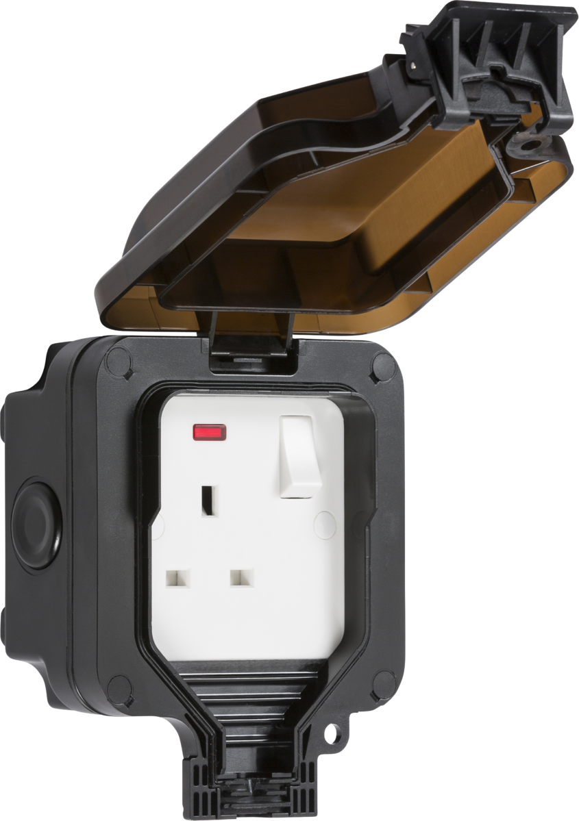 IP66 13A 1G DP switched socket with neon - Black OP7N