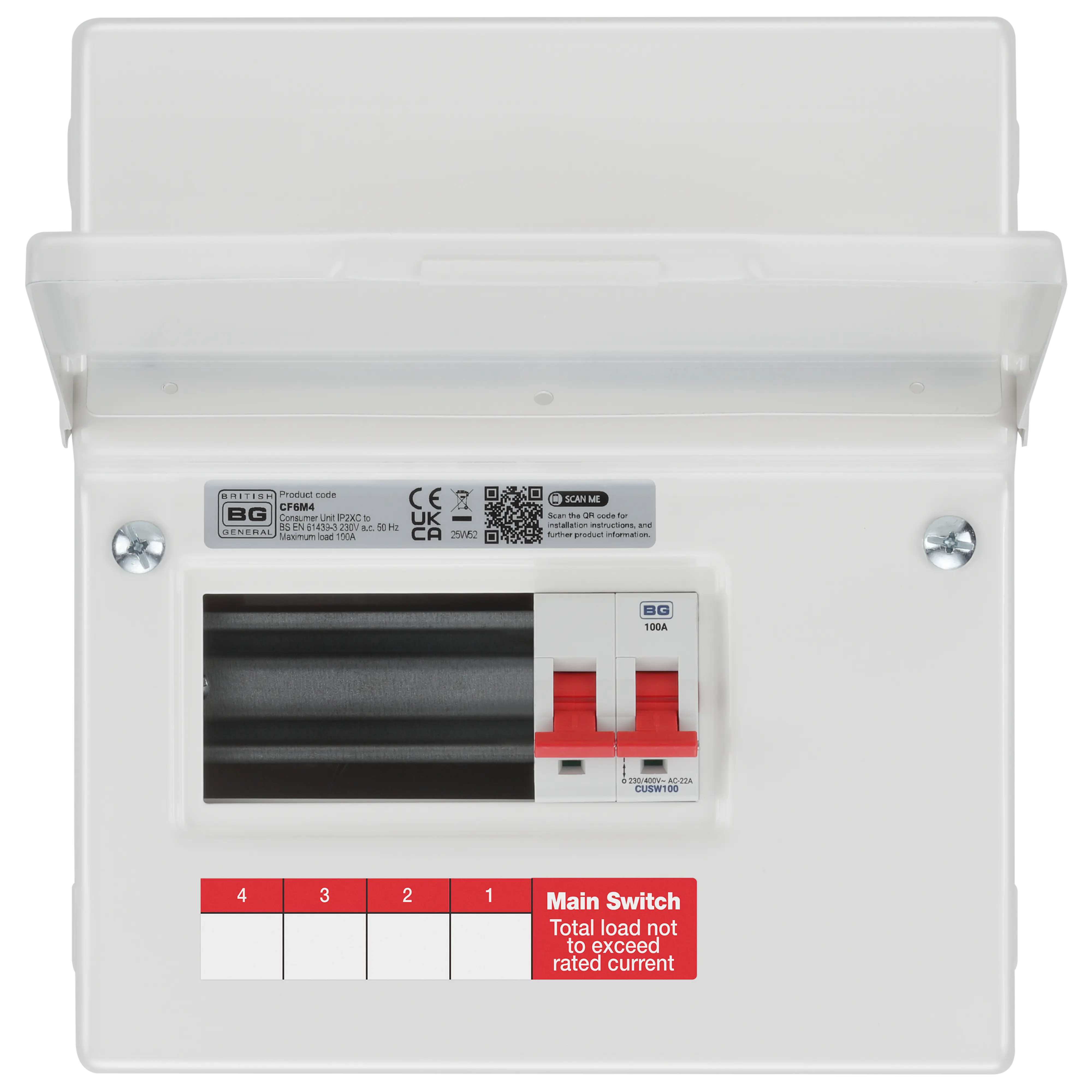 Consumer Unit 6 Module 4 Way Unpopulated with 100A Main Switch