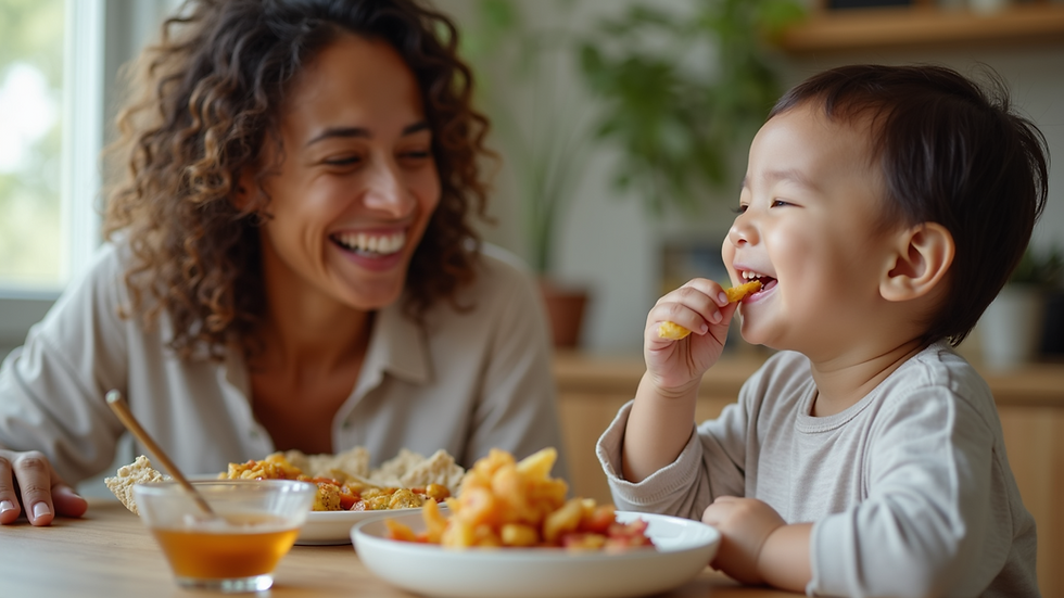 Eye-level view of a mom laughing with her child during snack time
