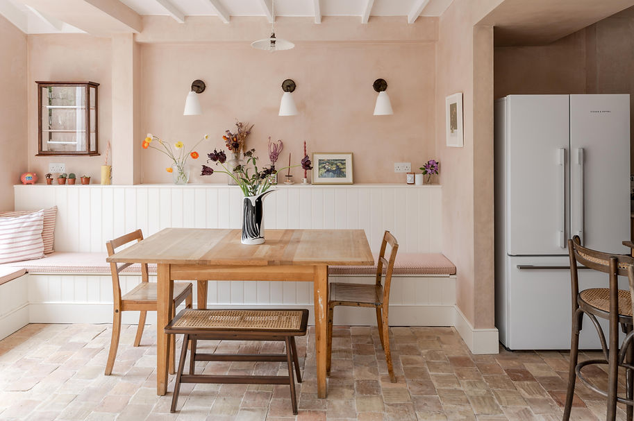 Reclaimed furniture, vintage, bare plaster, pastel finishes, exposed joists, residential extension, architecture, allen architects, london, banquette seating, bench storage, butt and bead cladding