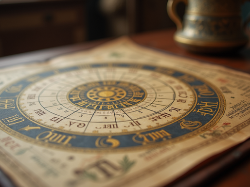 **Alt text:** Astrological birth chart laid out on a wooden table, showing zodiac signs and planetary symbols arranged in a traditional horoscope design.