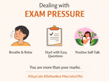 Illustration showing tips to manage exam pressure during board exams, including breathing exercises, starting with easy questions, and positive self-talk, with space for logo at the top.