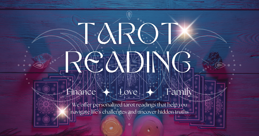 **Alt text:** *Tarot reading banner with tarot cards, candles, and mystical symbols representing guidance for love, finance, and family.*