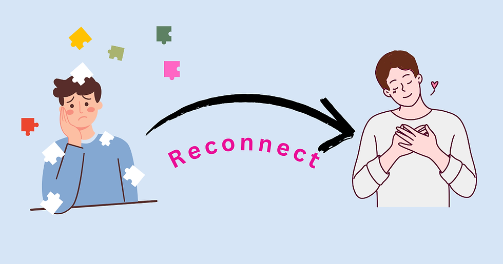 Illustration of personal transformation: one person shown as scattered puzzle pieces transforming into a calm, happy figure with the word 'Reconnect' below.