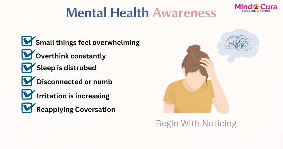Illustration showing a person surrounded by signs like overthinking, sleep disturbance, and emotional overwhelm, representing mental health awareness and early recognition of emotional struggles.