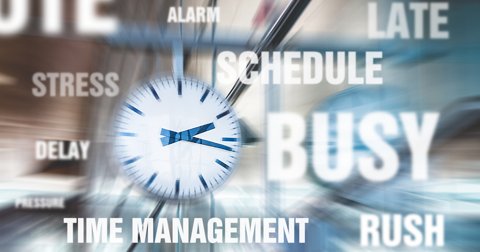 Image of a clock with words like stress, delay, time management, rush, busy, alarm, and deadlines, highlighting the pressure of time.