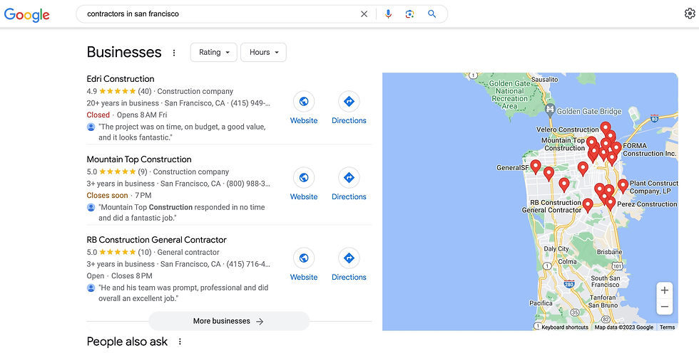 Screenshot illustrating the impact of SEO on business visibility: Search results for contractors in San Francisco. Emphasizing the importance of SEO for achieving top rankings and enhancing online presence in local searches.