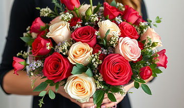 Design a romantic hand-tied bouquet featuring roses, premium blooms, and elegant wrapping