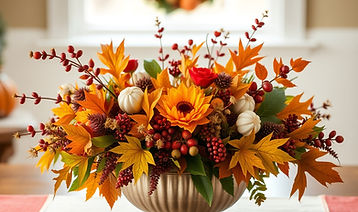 Create a warm fall centerpiece using rich seasonal colours, berries, foliage, and locally