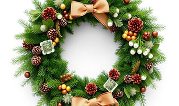 Create a premium fresh evergreen wreath adorned with natural decorations, ribbons, pinecon