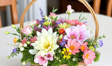Design a charming floral basket filled with spring blooms, moss, and natural elements insp