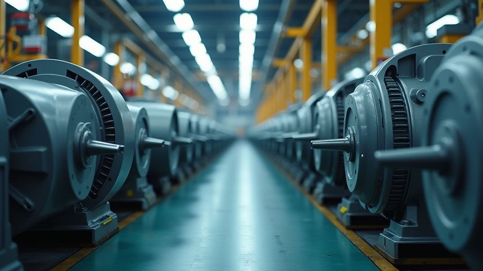 Eye-level view of a manufacturing plant with assembly lines for electric motors