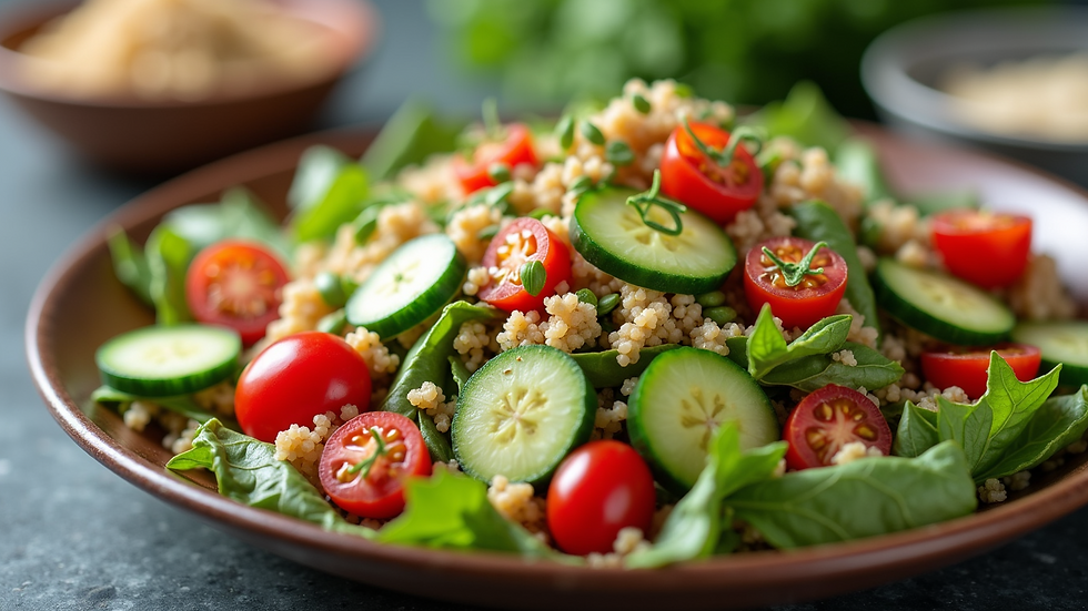 Close-up view of a colorful salad with quinoa, cherry tomatoes, and cucumbers