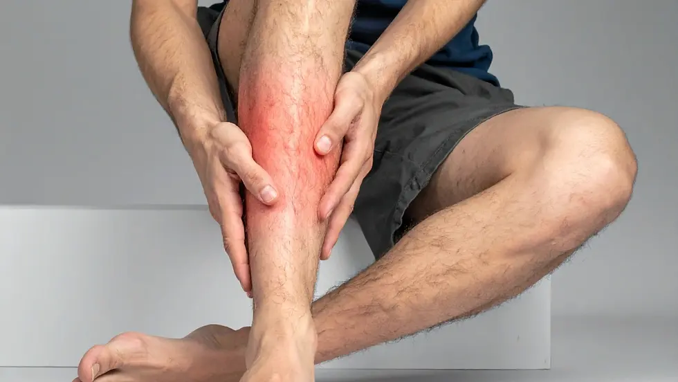 Picture of someone sitting rubbing their calf as if in pain.