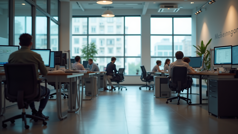 Eye-level view of a modern office space with collaborative workstations