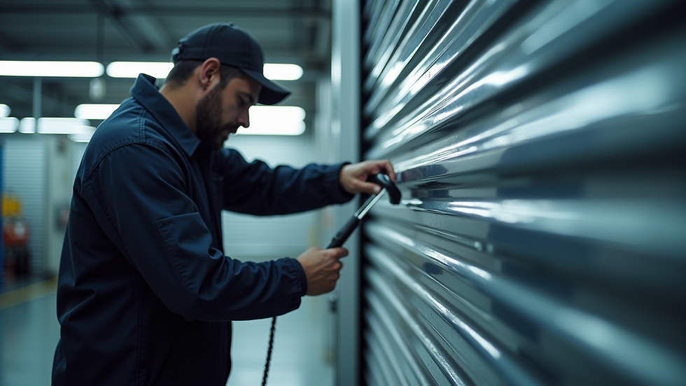 Close-up view of a technician inspecting a garage door