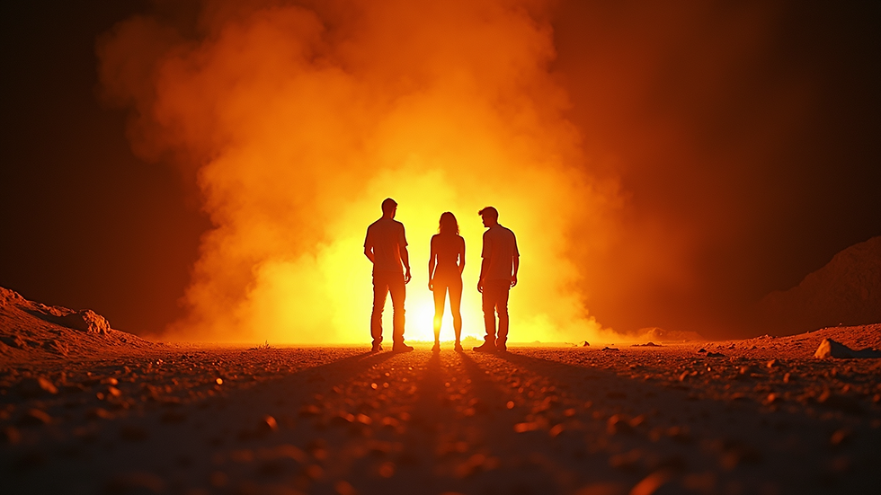 Eye-level view of a blazing furnace with three figures standing inside unharmed