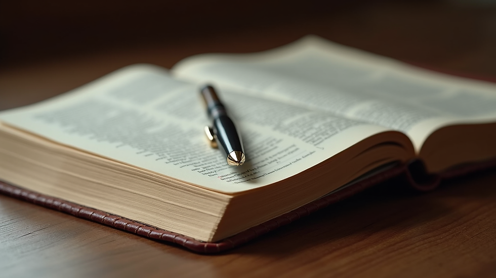Close-up view of a leather-bound Bible and a notebook with a pen