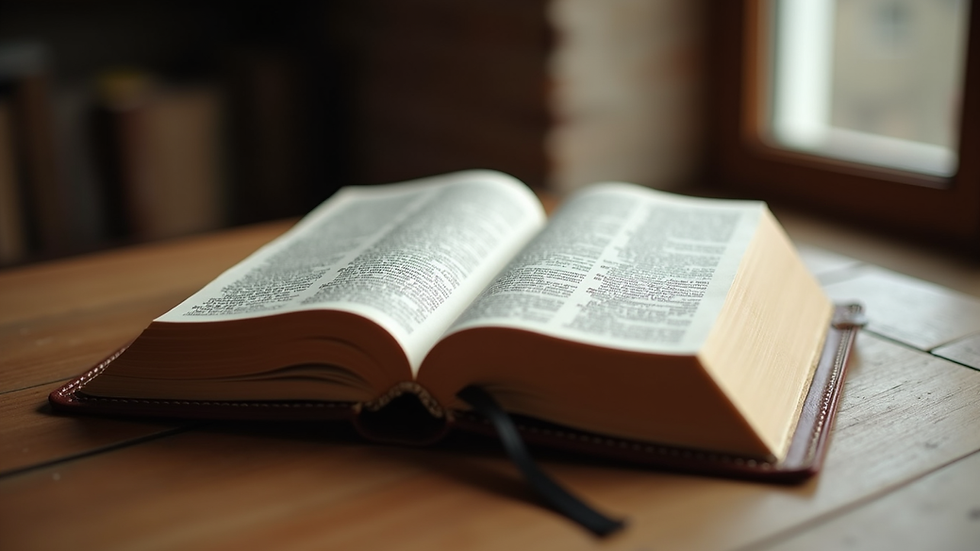 Eye-level view of a leather-bound devotional journal open on a wooden table