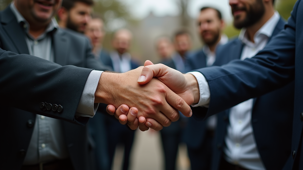 Close-up view of a group of men clasping hands in solidarity