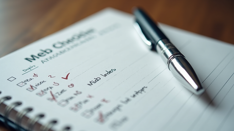 Close-up of a notebook with a checklist and a pen ready for notes