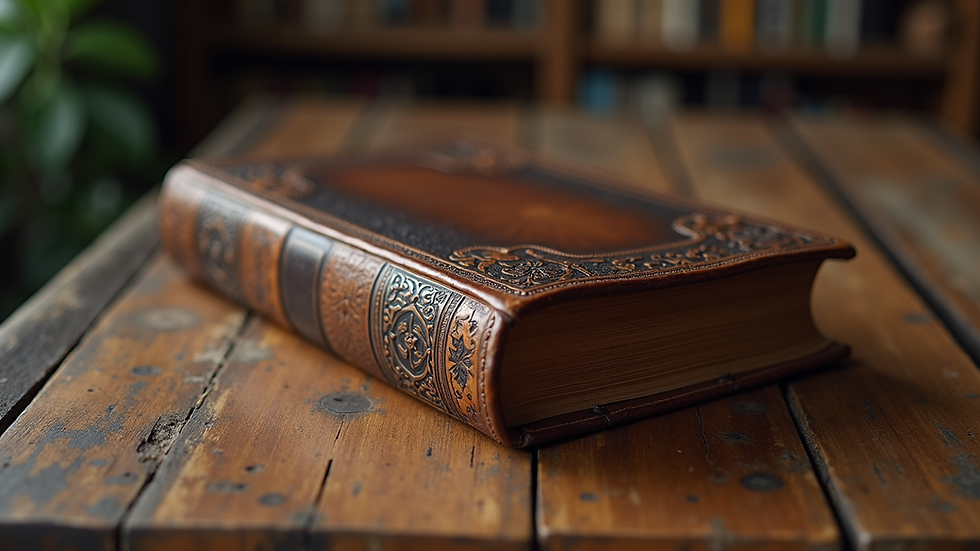 Eye-level view of a rugged leather-bound Bible on a wooden table