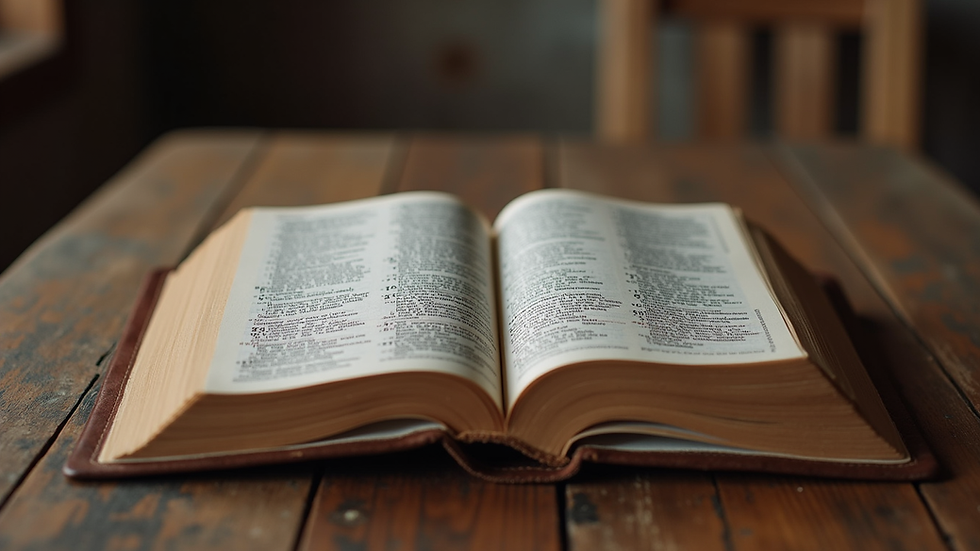 Eye-level view of a worn Bible open on a wooden table