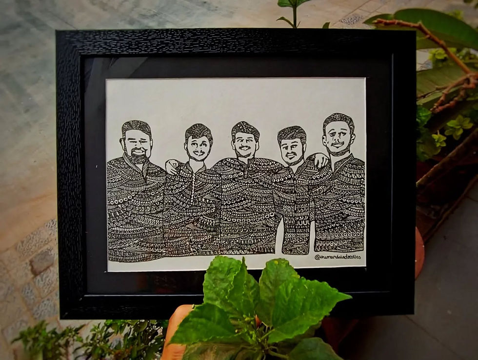 Mandala-themed portrait capturing a group of friends with detailed geometric patterns.