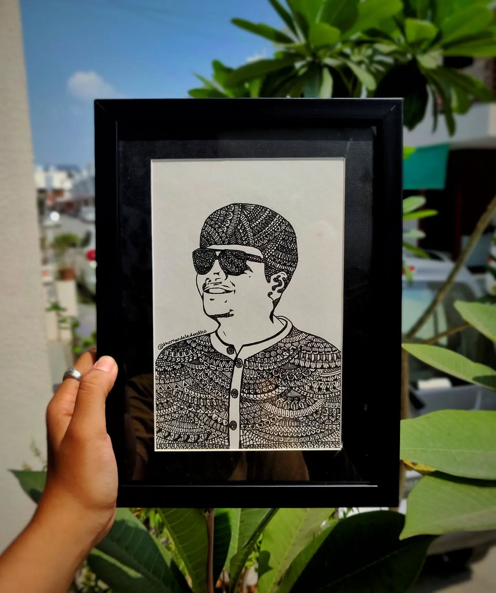Personalized portrait surrounded by hand-drawn Mandala designs