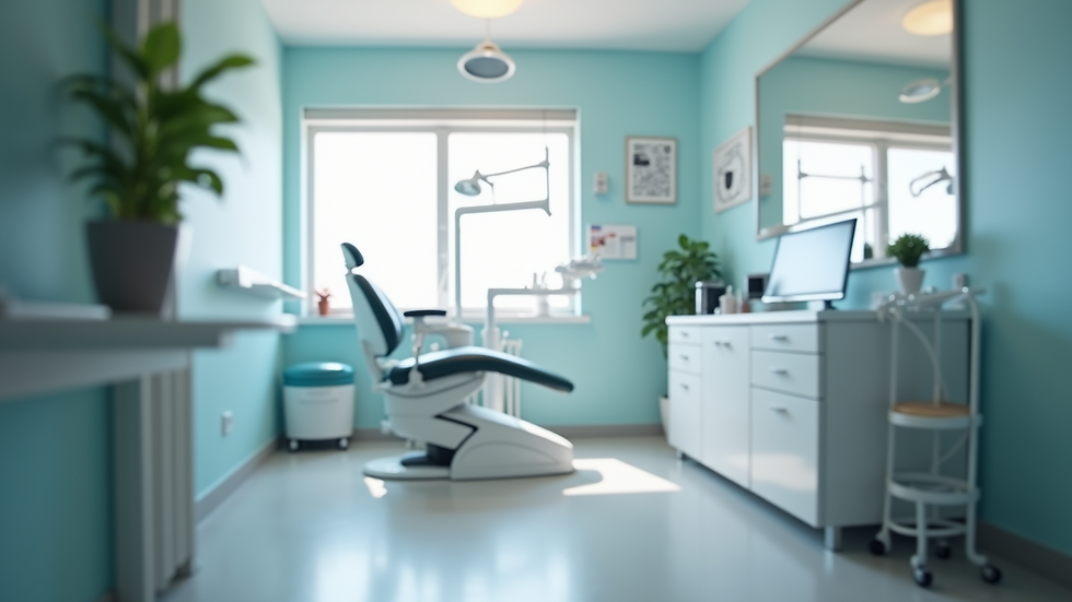 Eye-level view of a modern dental clinic interior with dental chair
