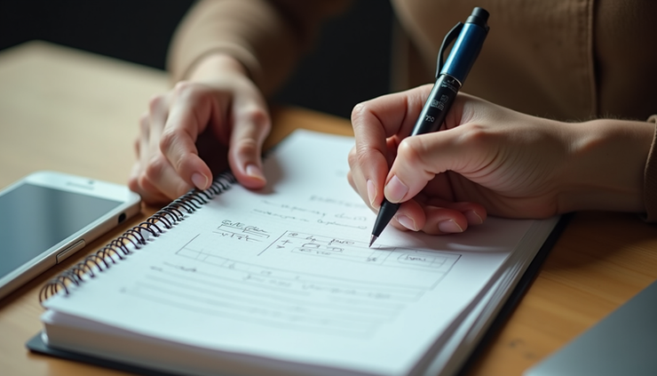 Yüksek açı, bir influencer'ın içerik planlama defterine not aldığı an