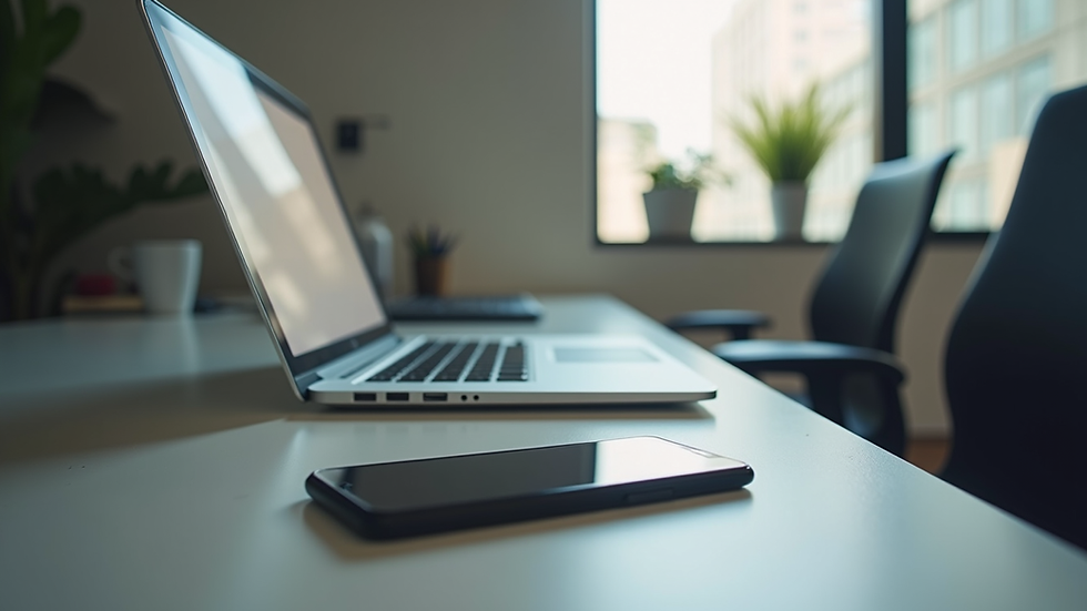 Eye-level view of a modern office desk with a laptop and smartphone