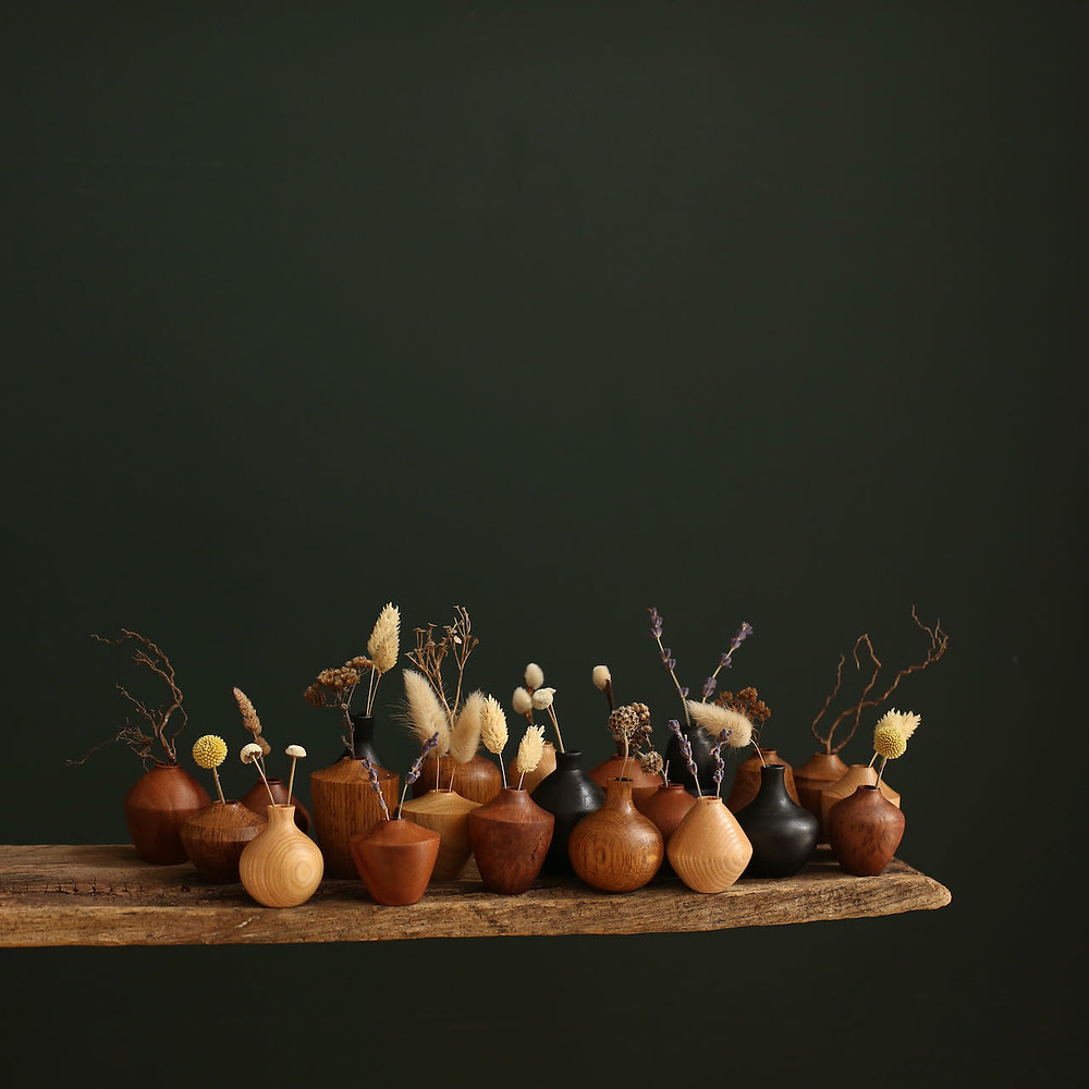 Mini Bud vases for Atelier by the Sea - London Plane, Ash, ebonised Chestnut, Brown Oak and Sequoia Burr