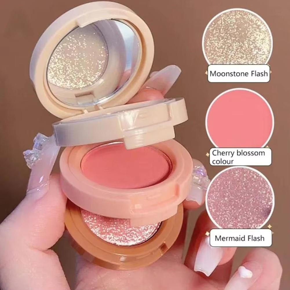 3 In 1 Blush Highlighter Palette Three-Layer All-In-One Powder Palette Pearly Bl