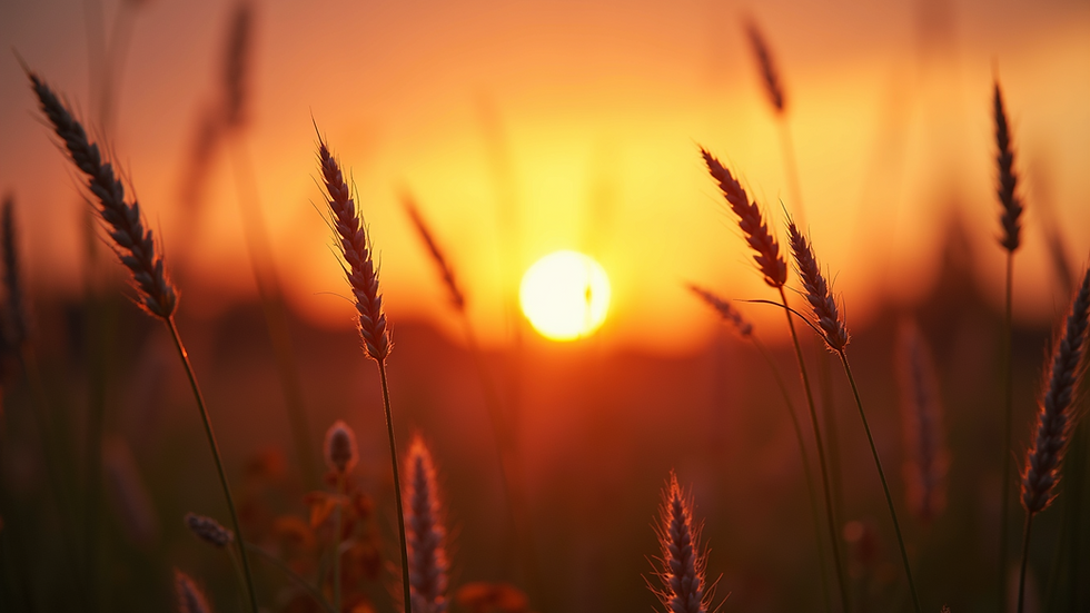 Close-up view of a serene landscape with a sunrise