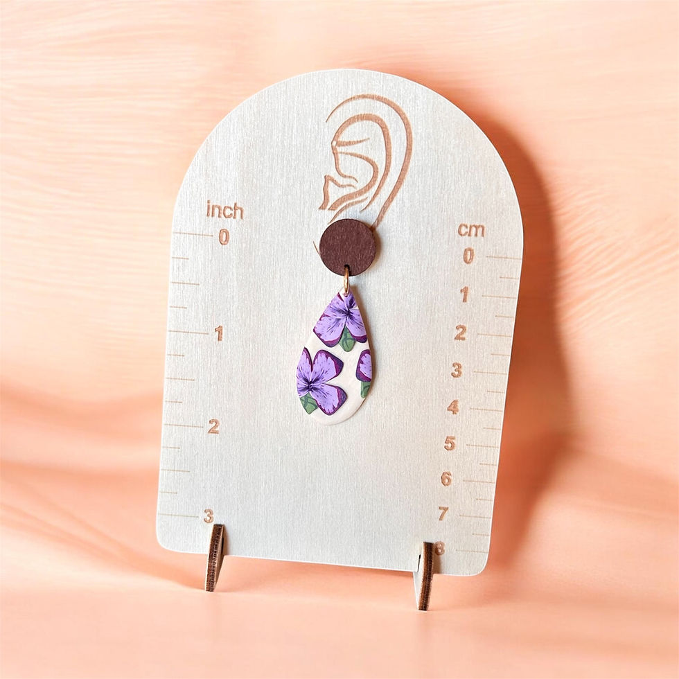 Thumbnail: Gorgeous tear drop purple flower clay cane dangle with round wooden stud