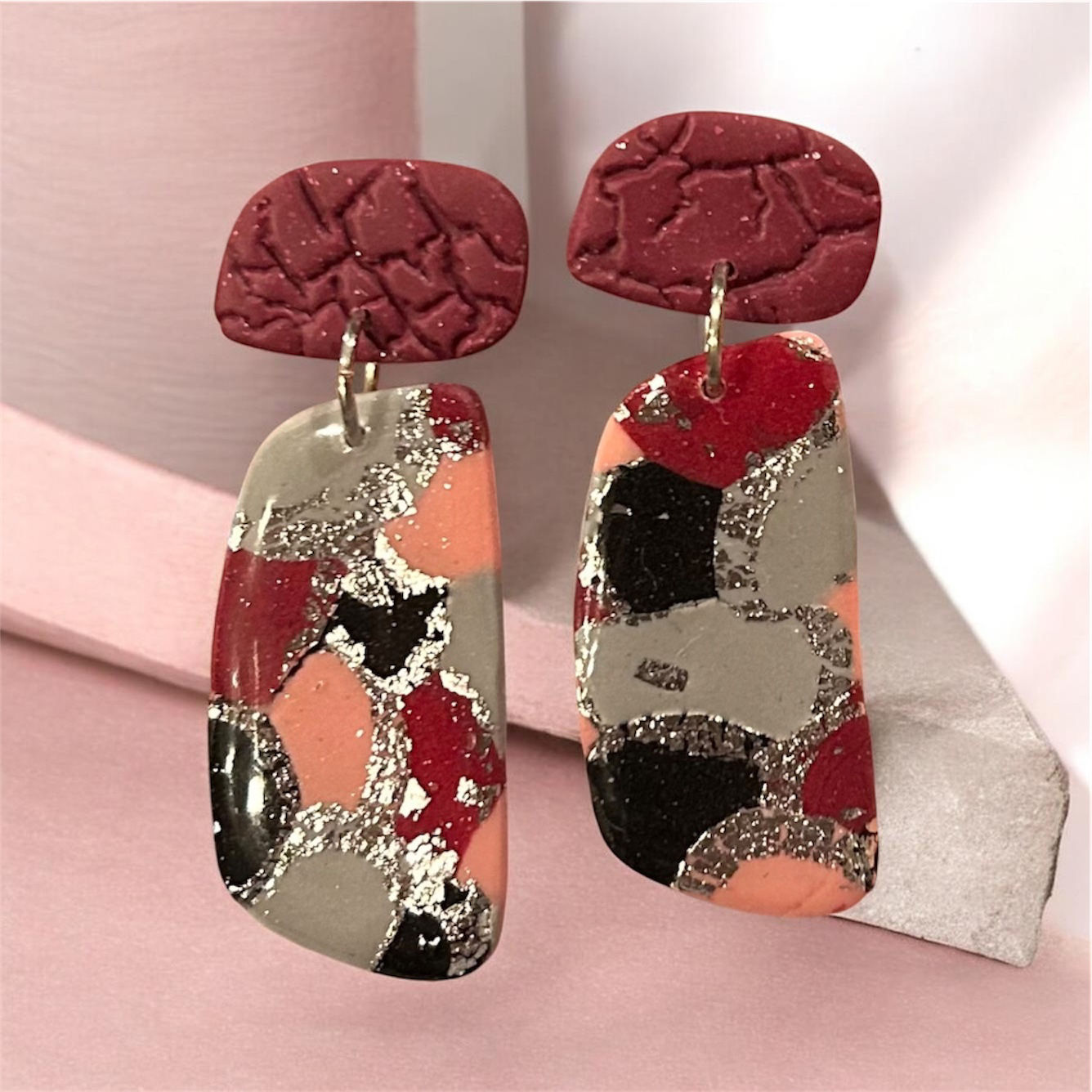 Burgundy textured stud with mulled wine stone-shaped drop