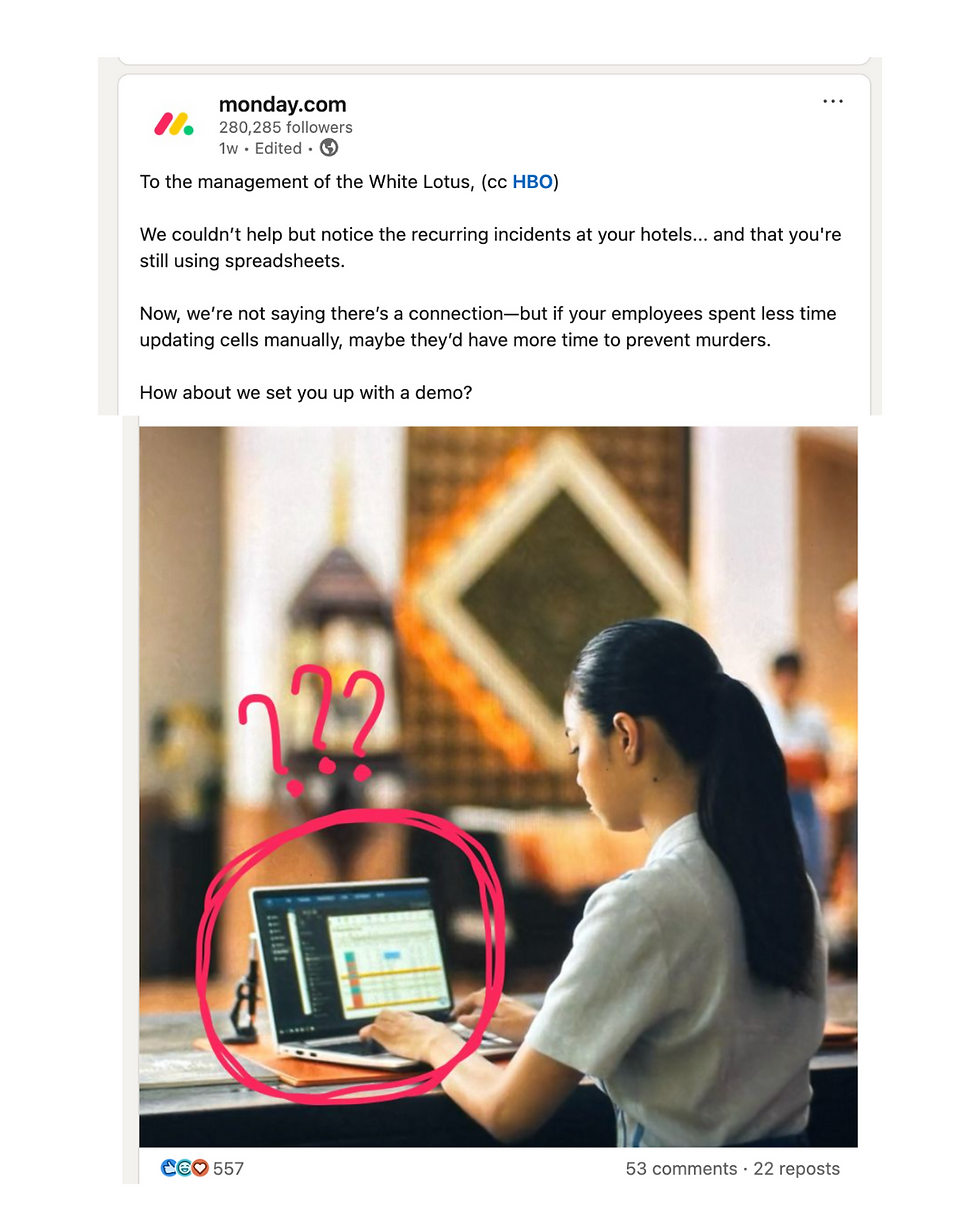 Monday.com's post calling out the White Lotus hotel using spreadsheets